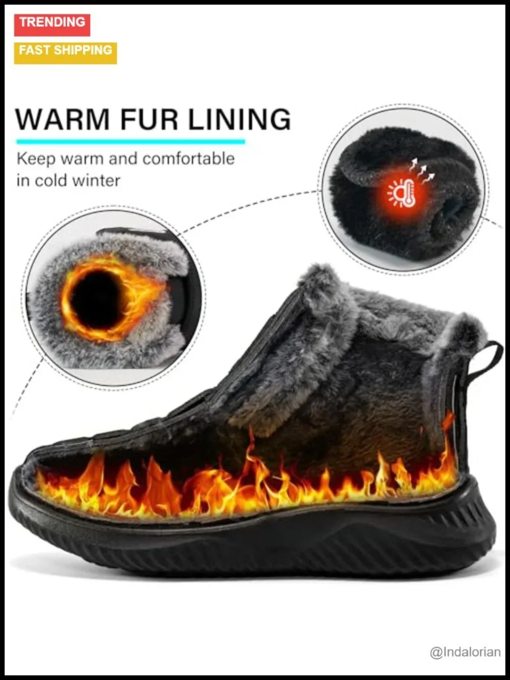 Waterproof Fur Lined Winter Snow Boots Hook & Loop Closure Non Slip